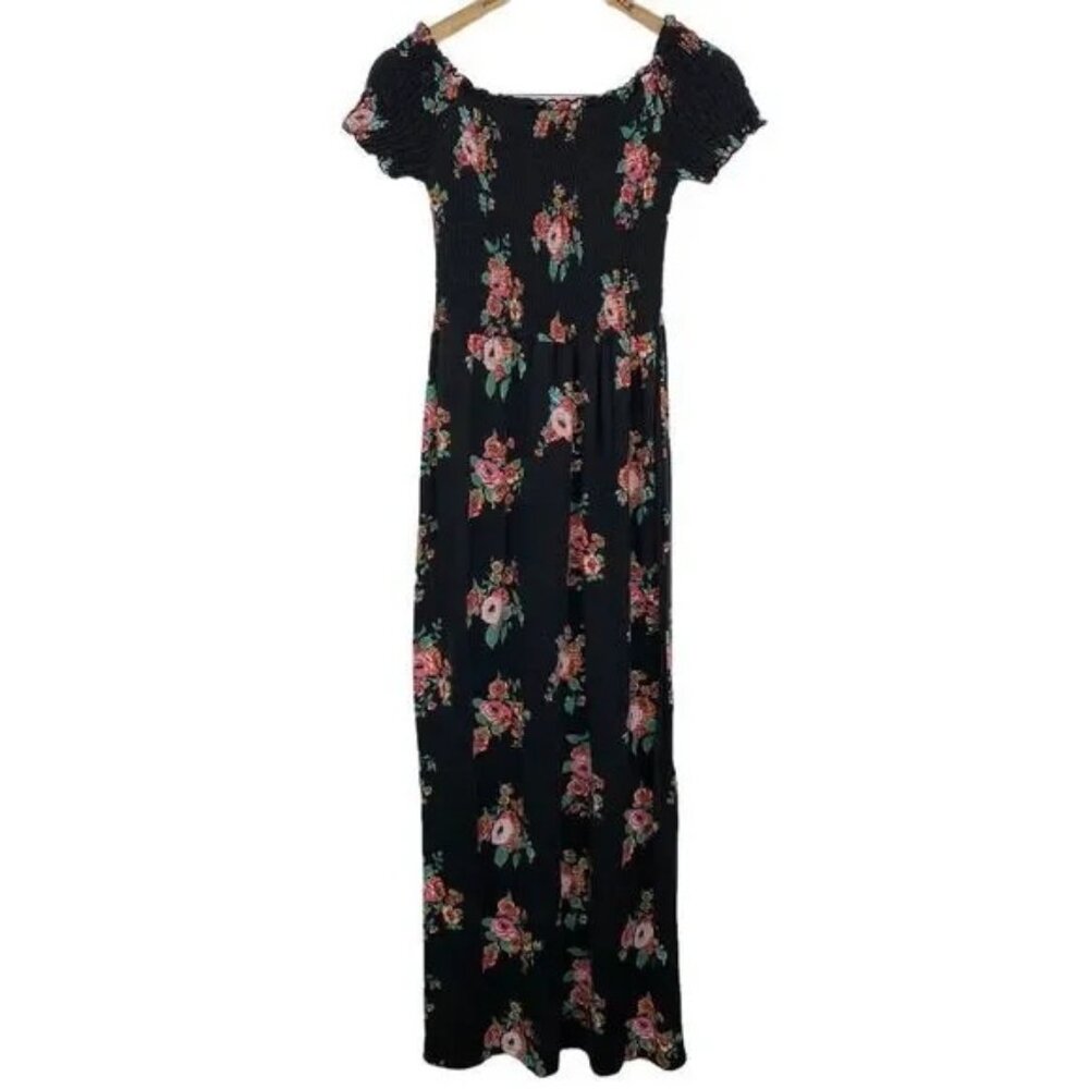 M. FASIS BLACK FLORAL‎ ON OR OFF SHOULDER SMOCKED TOP SLIT MAXI DRESS SIZE LARGE
